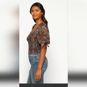 Free People Brown and Orange Puff Sleeve Blouse